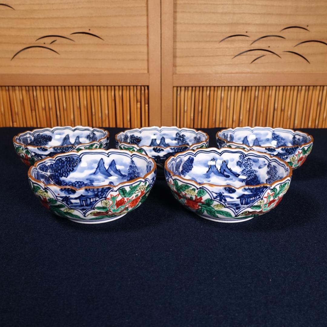 京焼名工 馬場京泉 染付色絵 柘榴に山水風景文 向付 5客