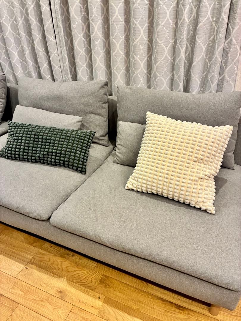 IKEA ソーデルハムン 3人掛けソファ グレー 木製脚付き クッション付