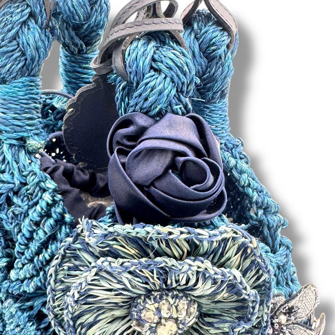 美品　アルファジル　かごバッグ　フラワーモチーフ　ブルー