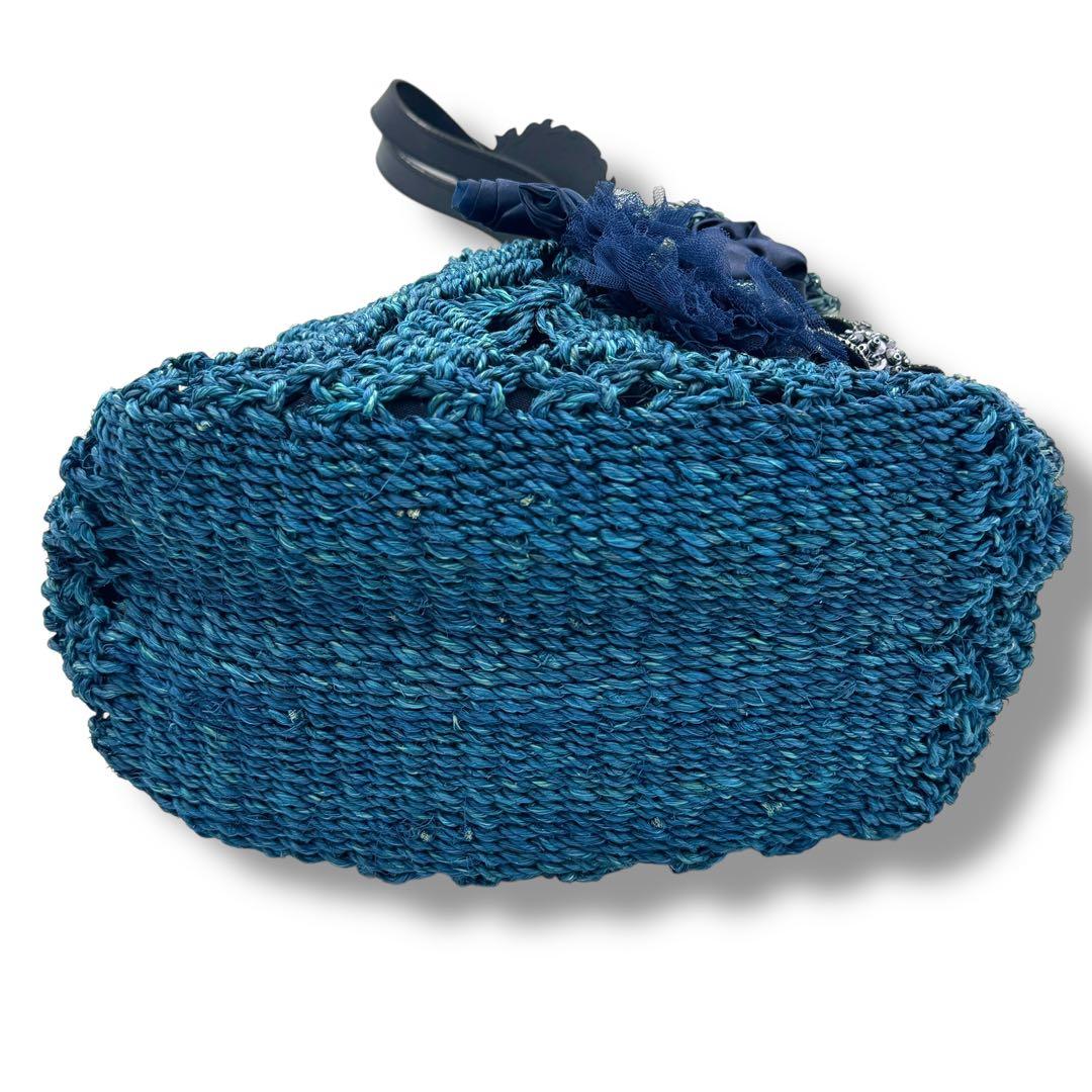 美品　アルファジル　かごバッグ　フラワーモチーフ　ブルー