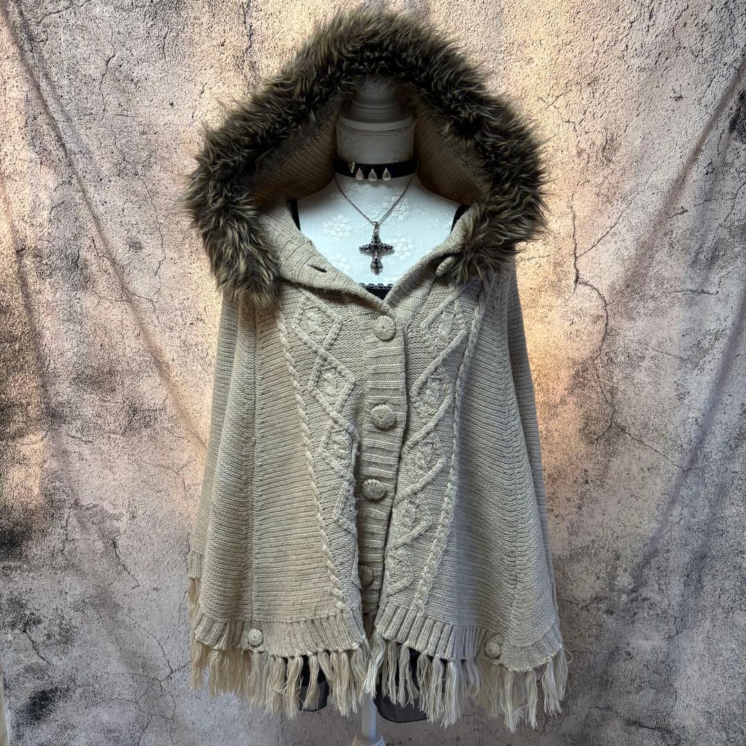 y2k 00s 森ガール　ニットポンチョ　スカート　2点セット　ファー　フリンジ