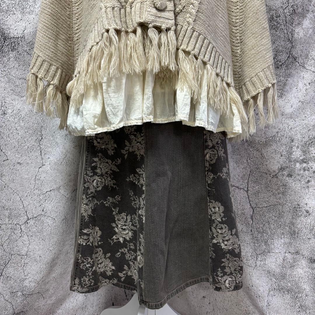 y2k 00s 森ガール　ニットポンチョ　スカート　2点セット　ファー　フリンジ