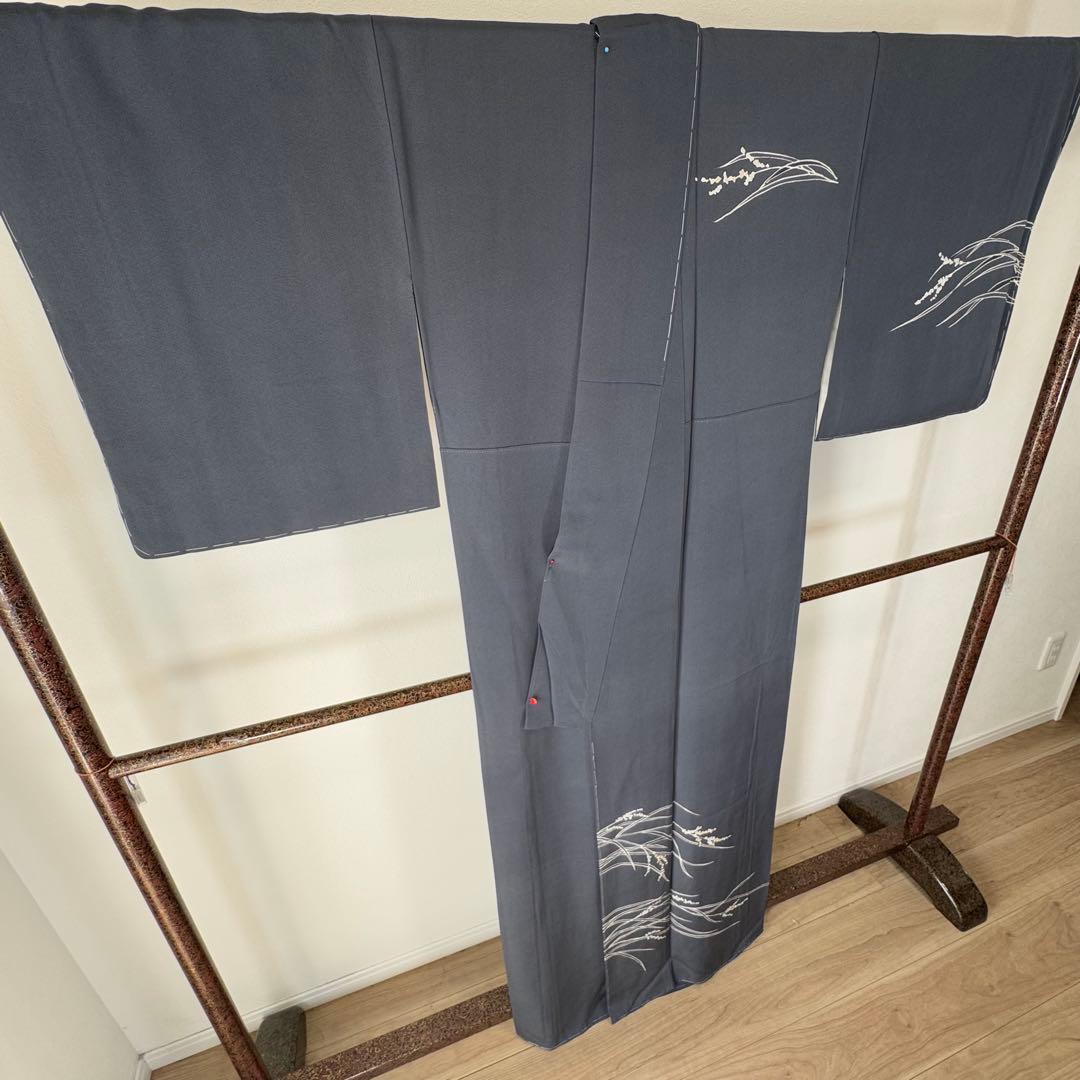しつけ付き　正絹　袷　現代　広襟　訪問着　着物　165 二代目　山田栄一　紺　青
