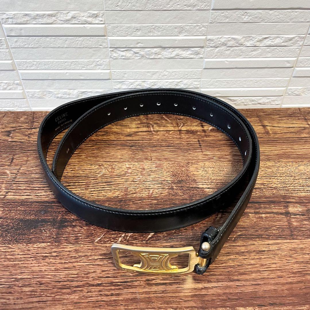 良品 セリーヌ レザー トリオンフ バックル ベルト ゴールド金具 ブラック