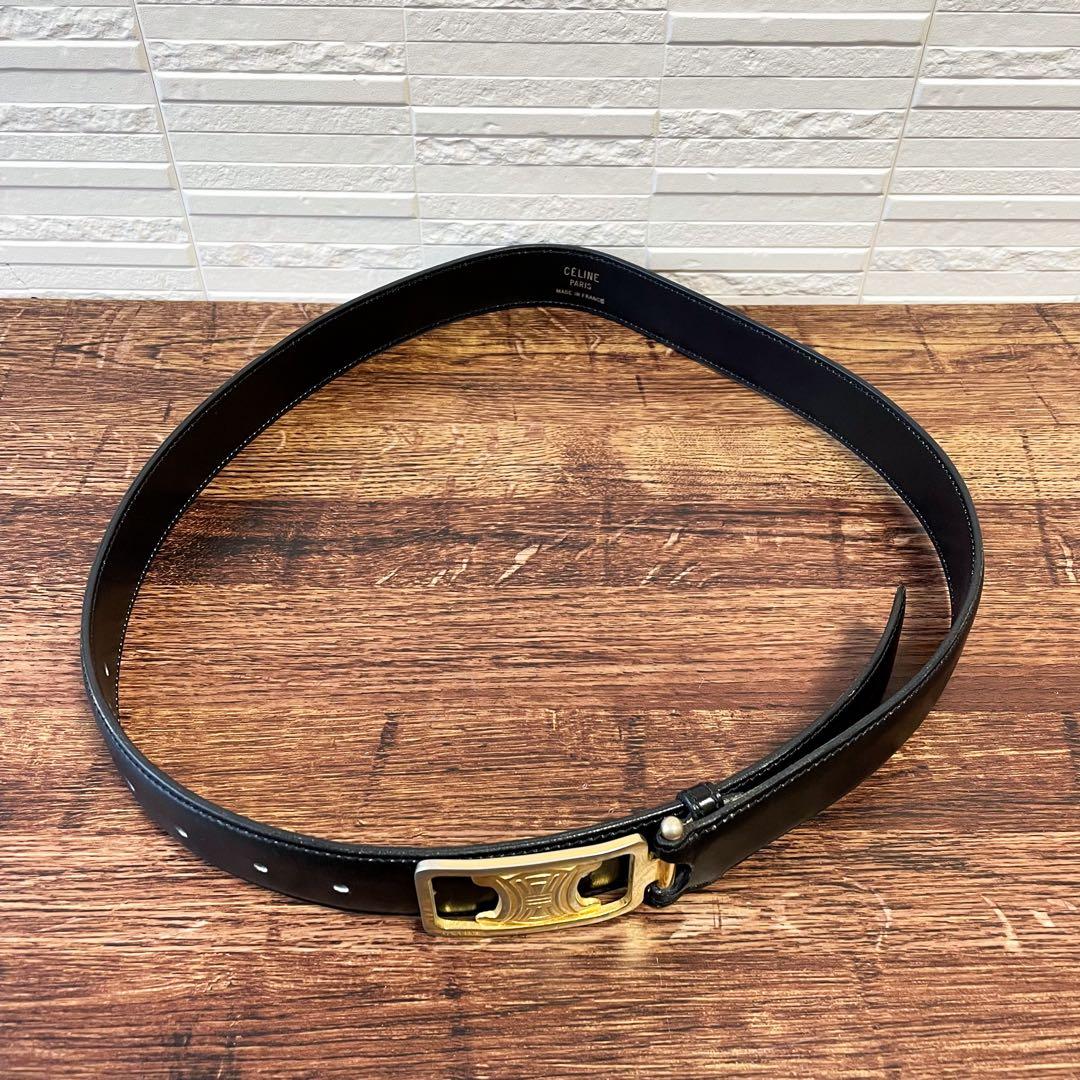 良品 セリーヌ レザー トリオンフ バックル ベルト ゴールド金具 ブラック