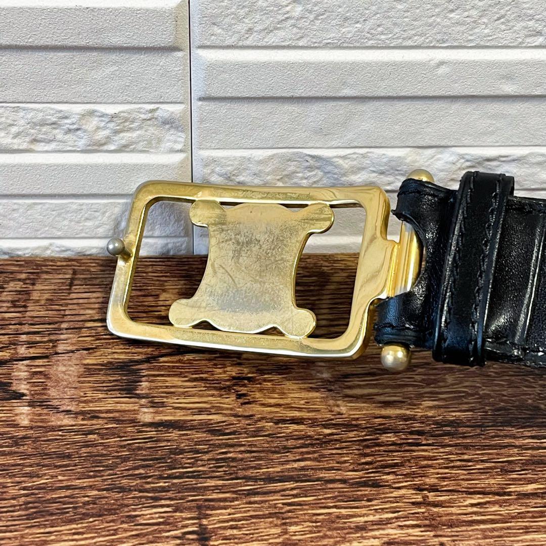 良品 セリーヌ レザー トリオンフ バックル ベルト ゴールド金具 ブラック