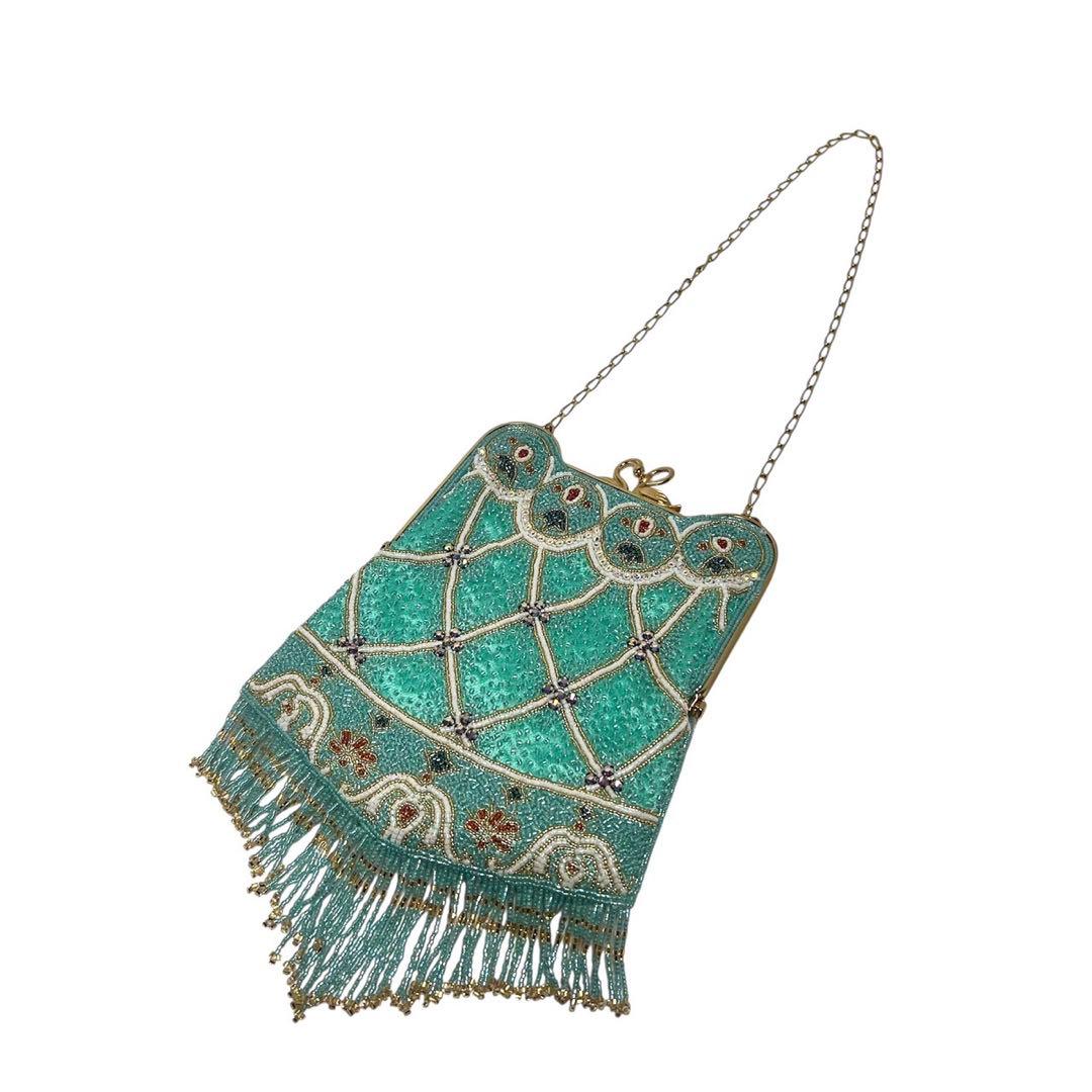 【美品】ビーズ装飾・フリンジ/がま口/ラインストーン/ ビーズバッグ