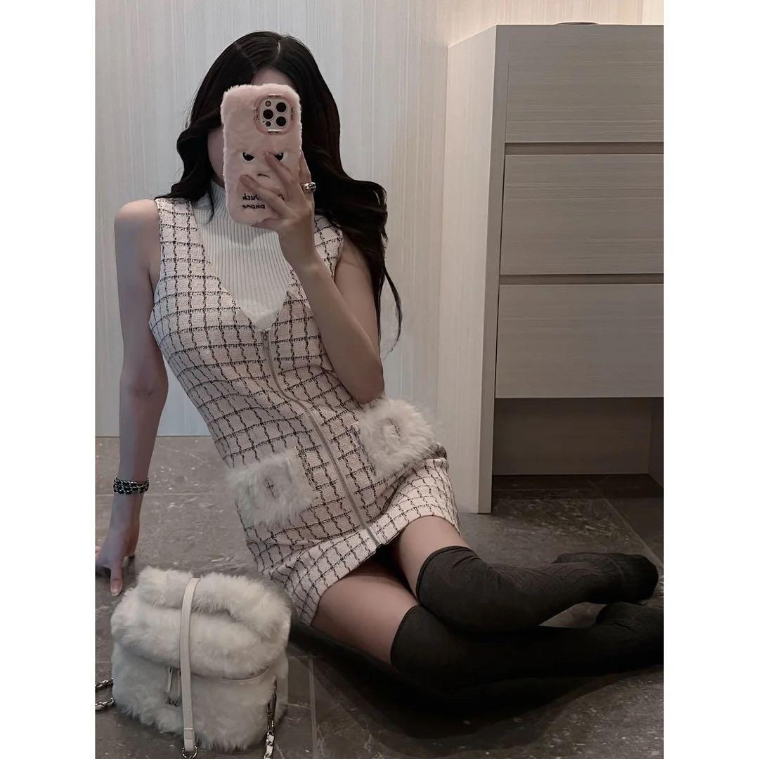 新品タグ付 ダーリッチ フロントファスナーツイードミニワンピース フリー ピンク