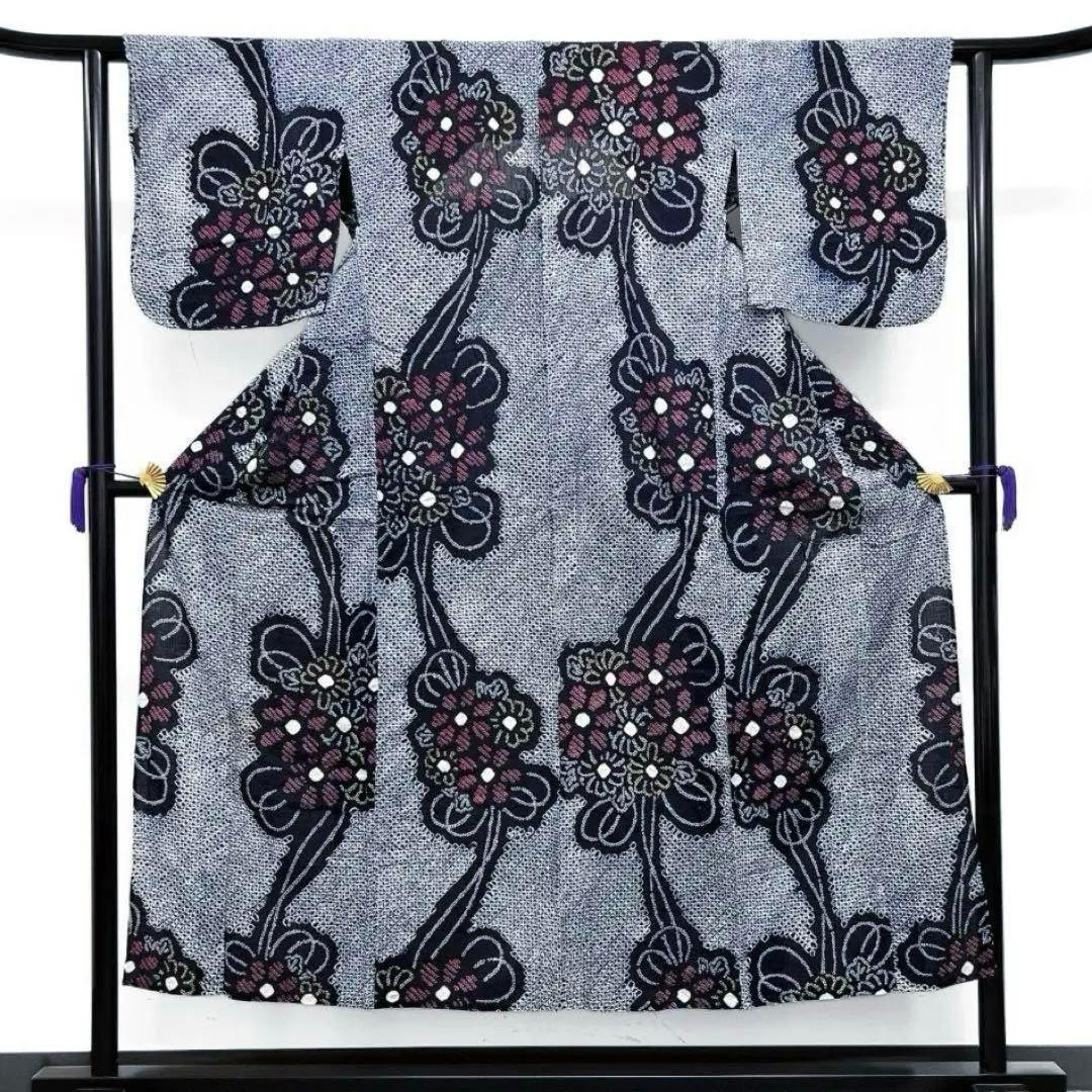 浴衣　有松鳴海絞り　花模様　菊の丸　水引　ネイビー系　着物　054w d