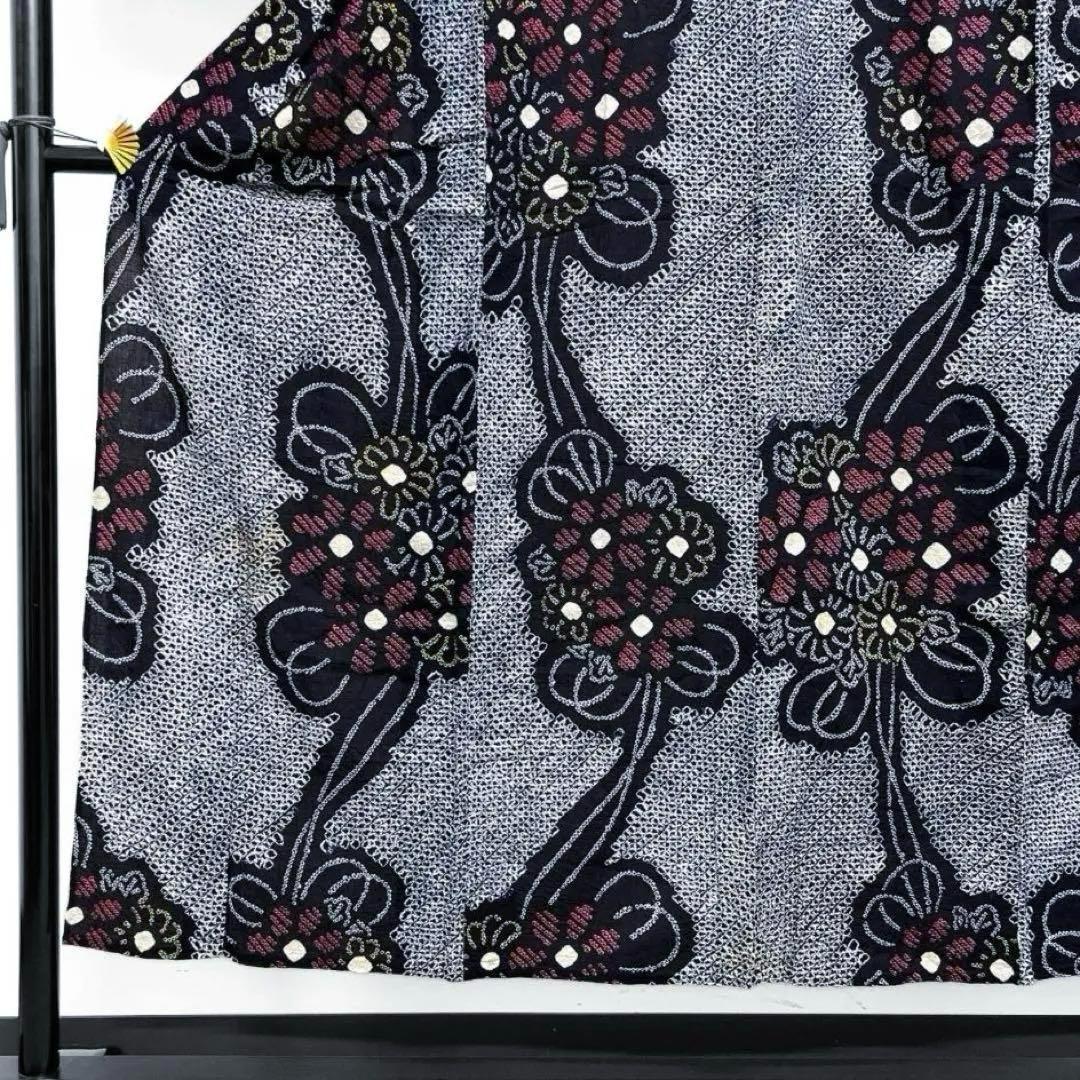 浴衣　有松鳴海絞り　花模様　菊の丸　水引　ネイビー系　着物　054w d