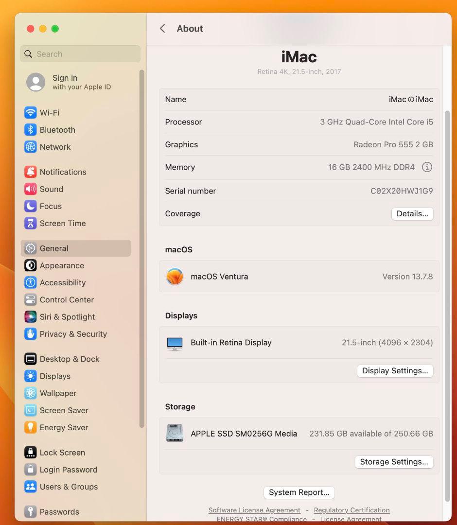 iMac 2017 21.5型 4K i5/16GB/SSD256GB