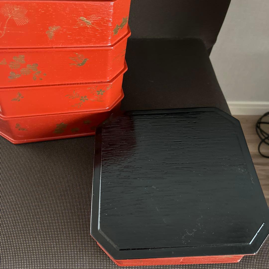 ハニエル 茶道具　縁高重　朱塗　花鳥　中村湖彩作（化粧箱）五客　美品