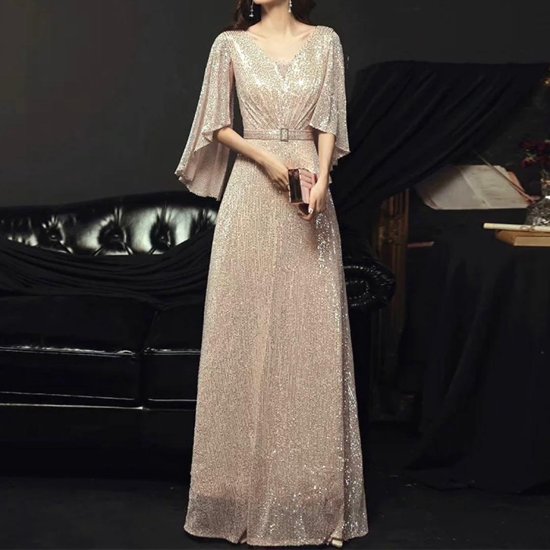 フレアスリーブのVネックスパンコール イブニングドレス