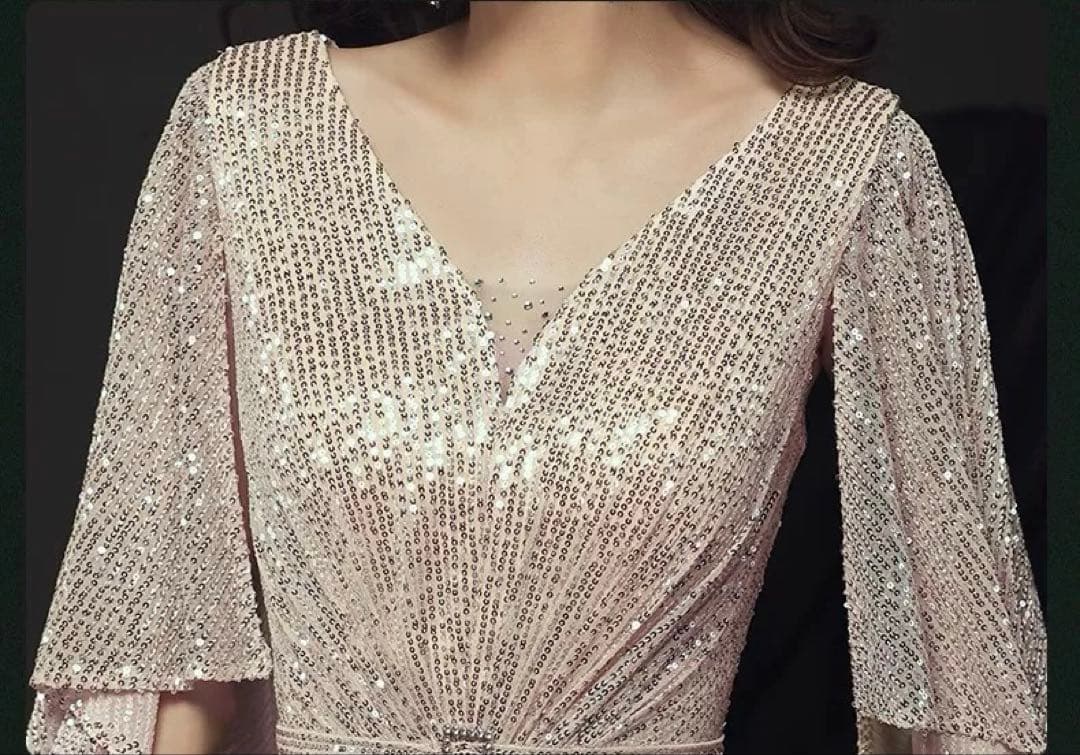 フレアスリーブのVネックスパンコール イブニングドレス