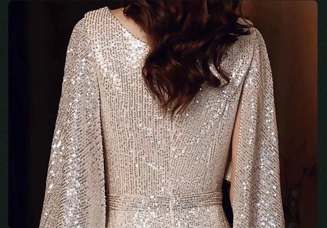 フレアスリーブのVネックスパンコール イブニングドレス