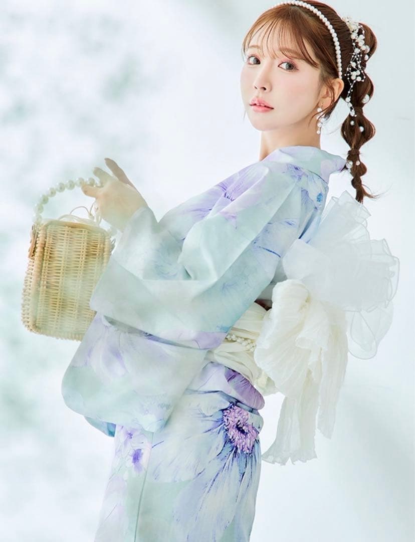 水色と紫の花柄 浴衣