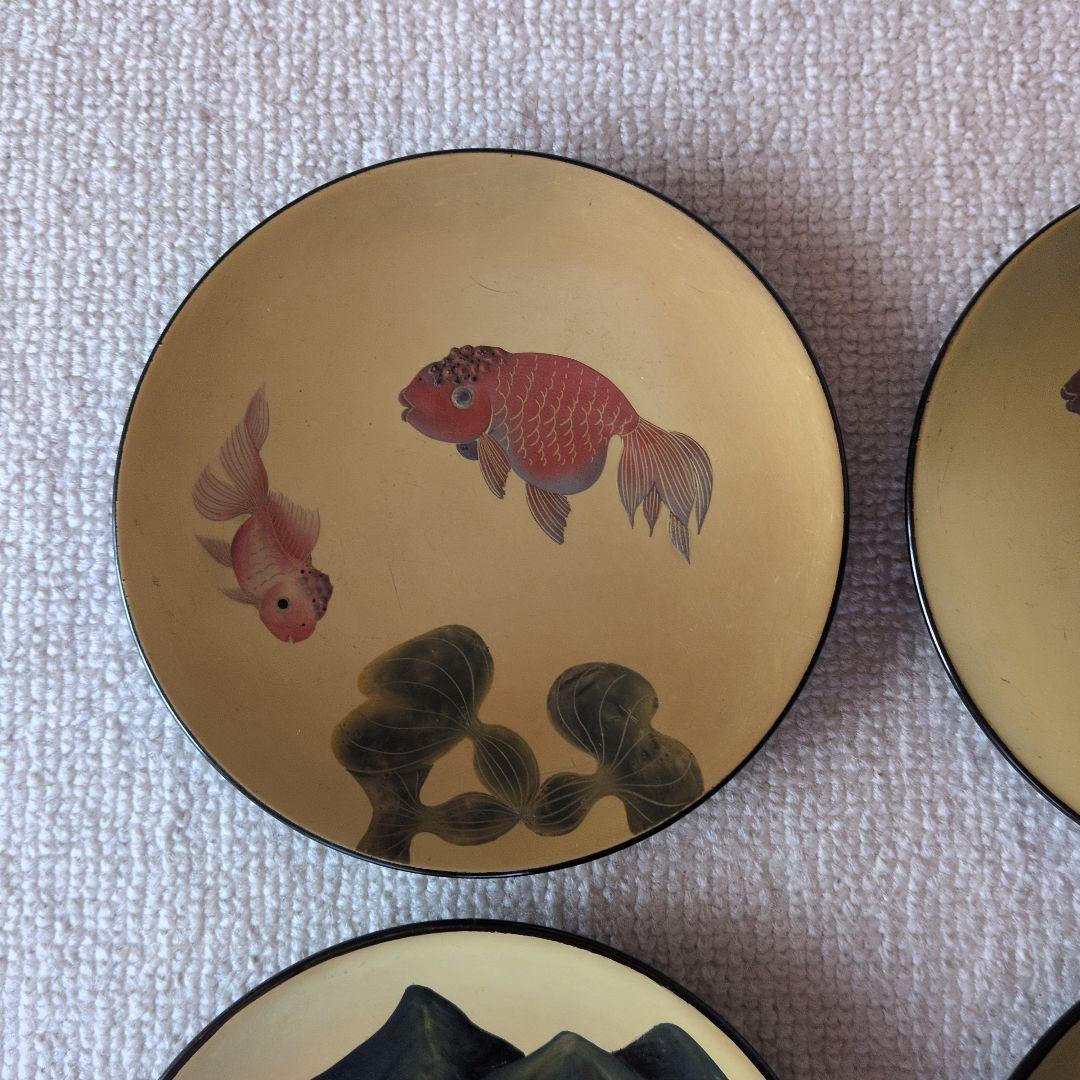 金地　金魚・猪苗代湖デザイン　金色小皿　8枚セット