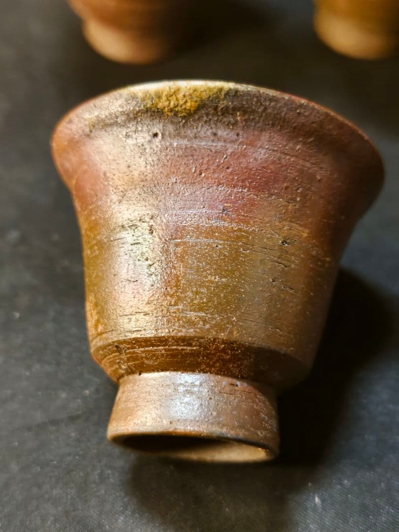 煎茶道具 備前焼 窯変宝瓶急須 奥本健一造 共箱 湯冷まし 湯呑み 火襷 胡麻