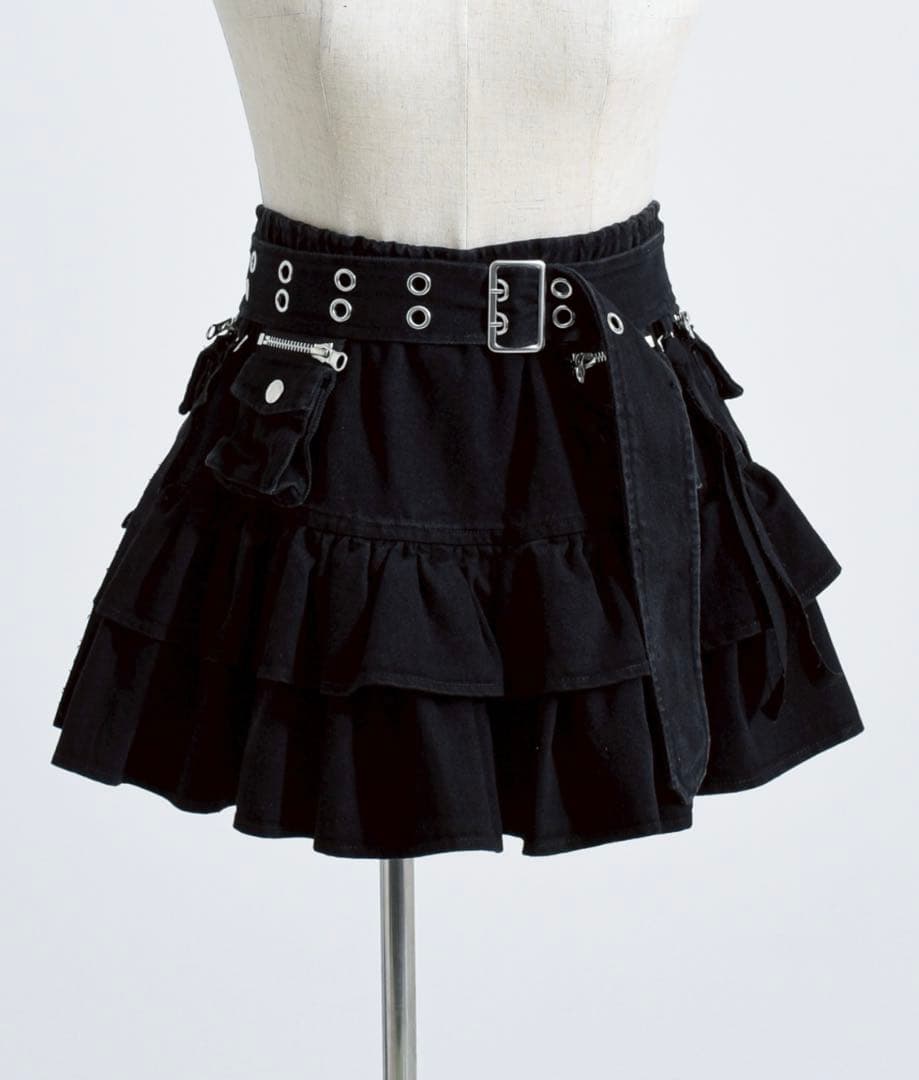 REFLEM カーゴベルト付きデニムフリルスカート　ブラック　レフレム