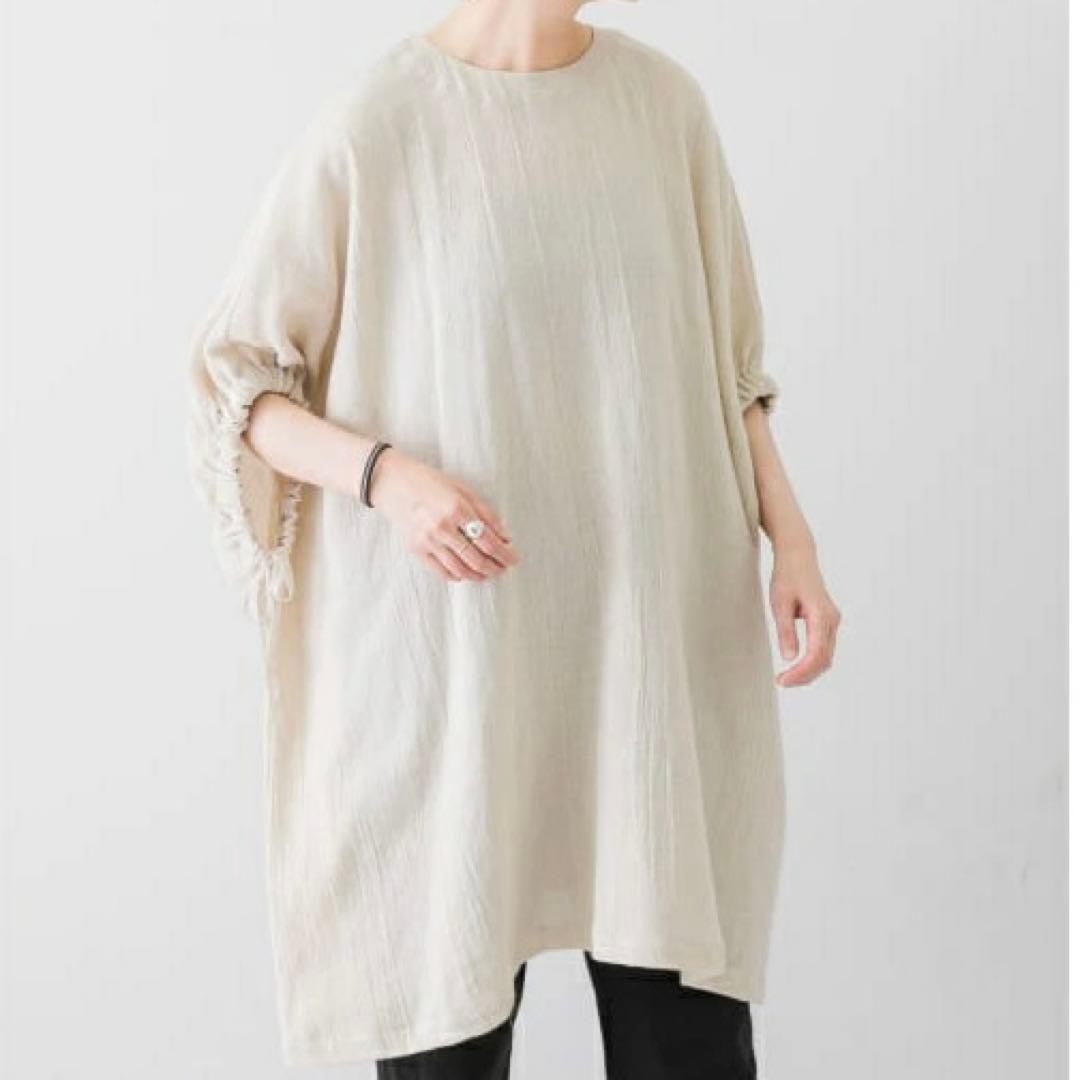 美品 かぐれ コットンリネン ギャザースリーブチュニック ナチュラル