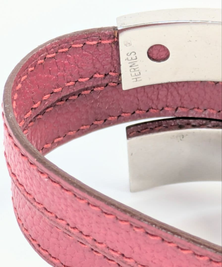 HERMÈS エルメス　プスプス2連Ｈロゴ　ピンク レザー バングル