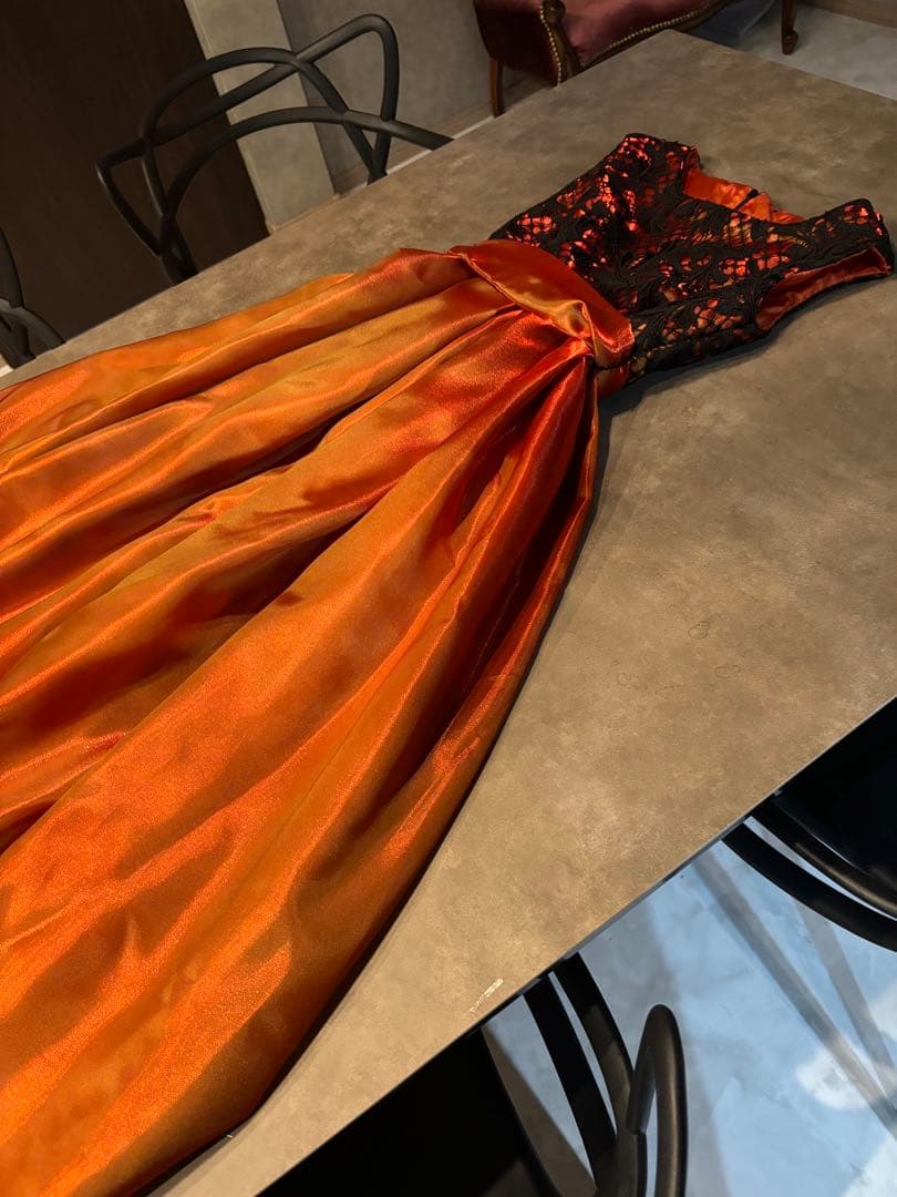 ウエストリボン1回着セミオーダードレス煌めき玉蟲ブラッドオレンジフランス生地