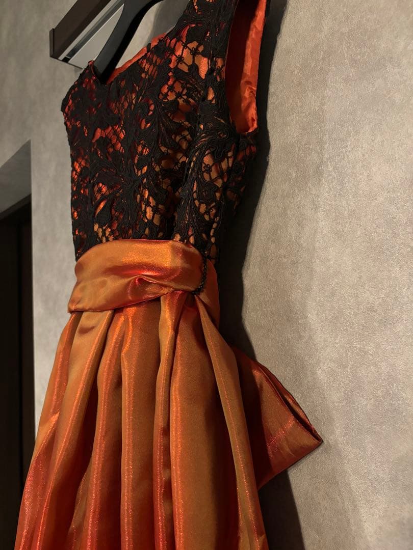 ウエストリボン1回着セミオーダードレス煌めき玉蟲ブラッドオレンジフランス生地