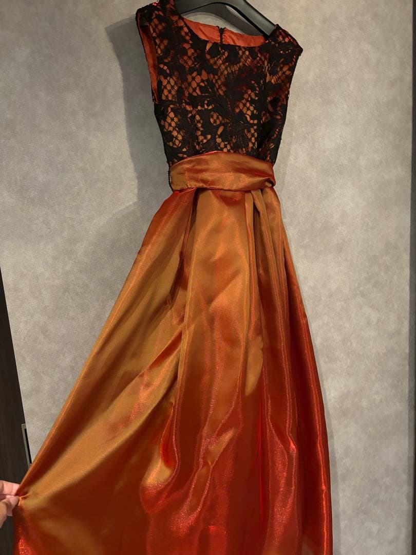 ウエストリボン1回着セミオーダードレス煌めき玉蟲ブラッドオレンジフランス生地