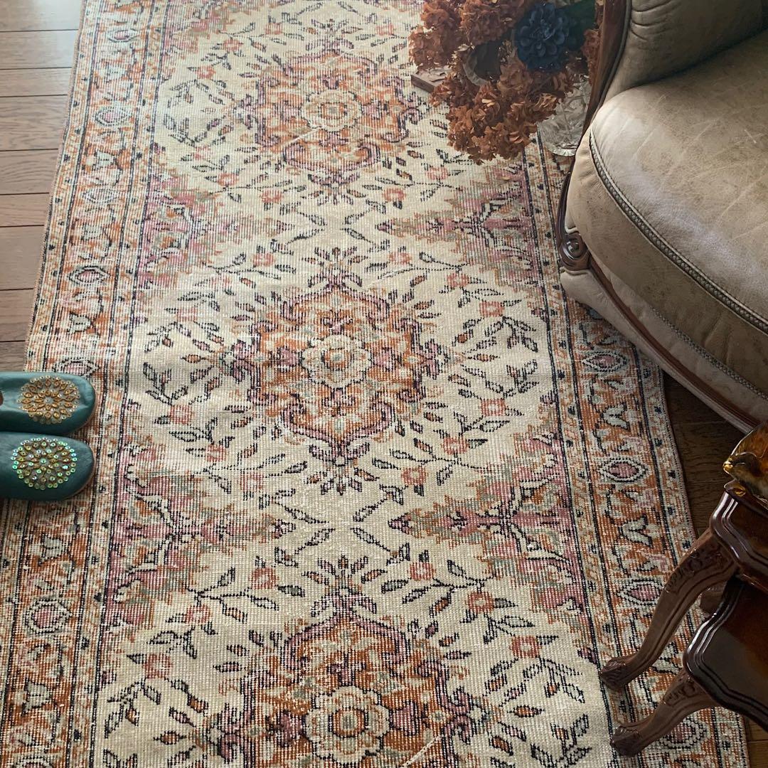 ペールオレンジ200×97 フラワーメダリオン　トルコヴィンテージラグ