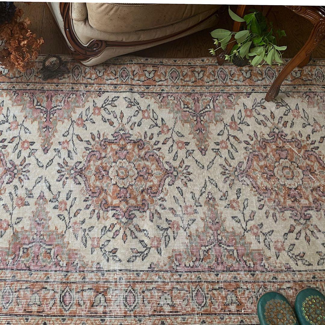 ペールオレンジ200×97 フラワーメダリオン　トルコヴィンテージラグ