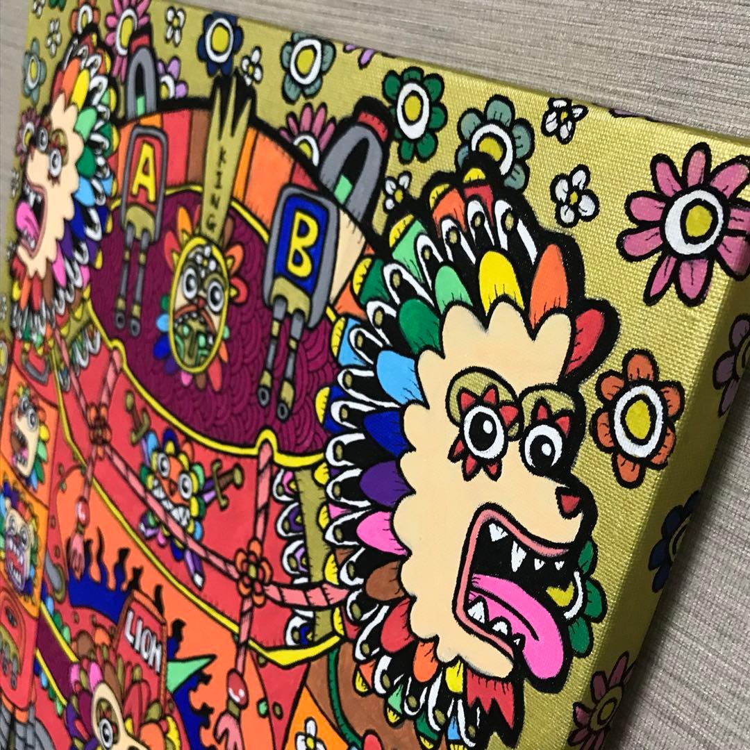 絵画　アート　原画　インテリア　花　ライオン　動物　カラフル　ロボット　赤　金