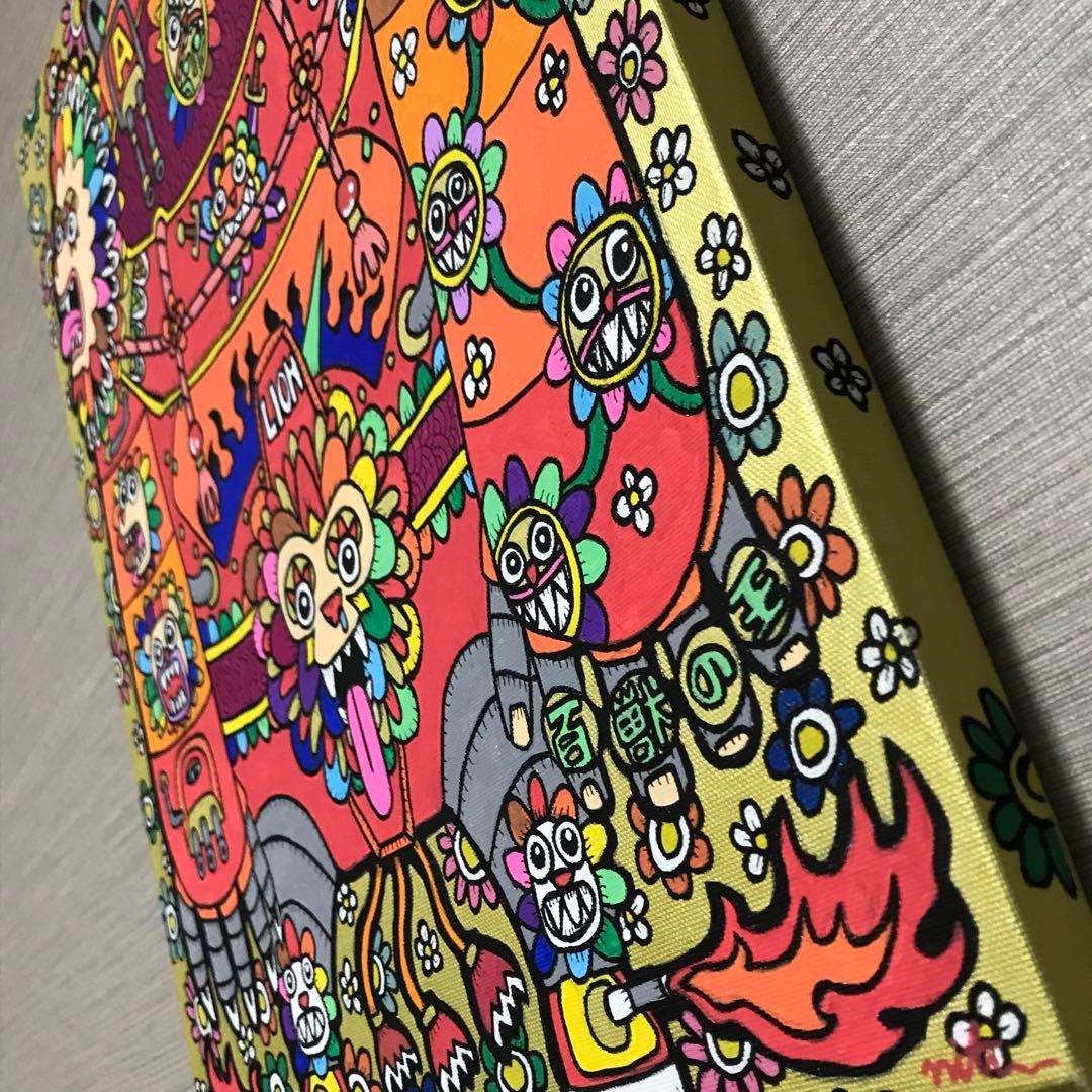 絵画　アート　原画　インテリア　花　ライオン　動物　カラフル　ロボット　赤　金