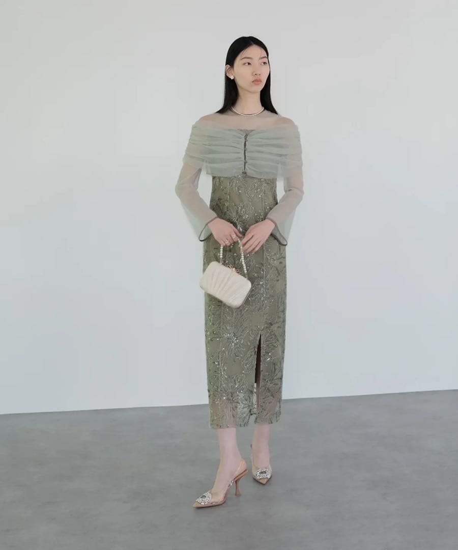 LEJA チュールオフショルダー花柄Iラインワンピースドレス