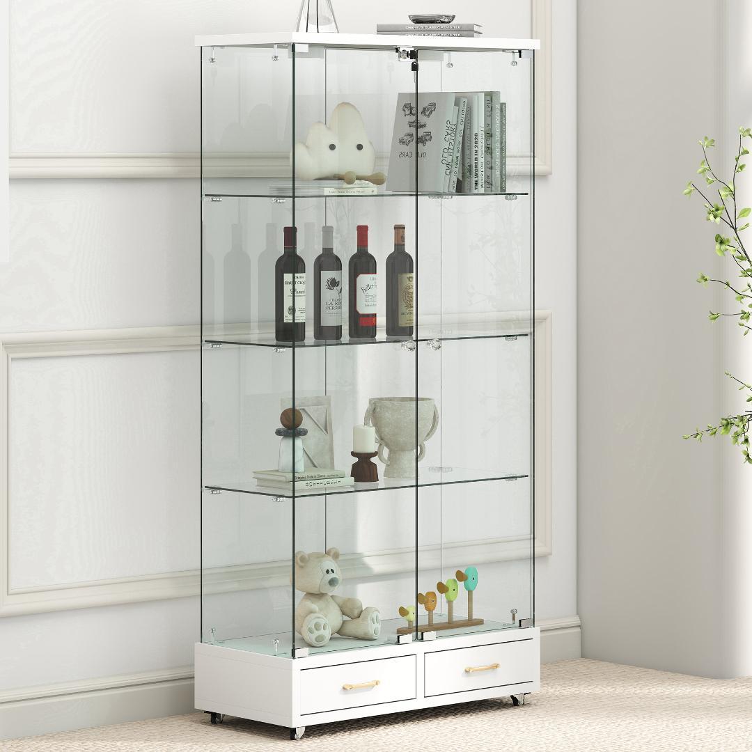 ホワイト LED照明・引出し付 ガラス収納キャビネット4段 両開ドア
