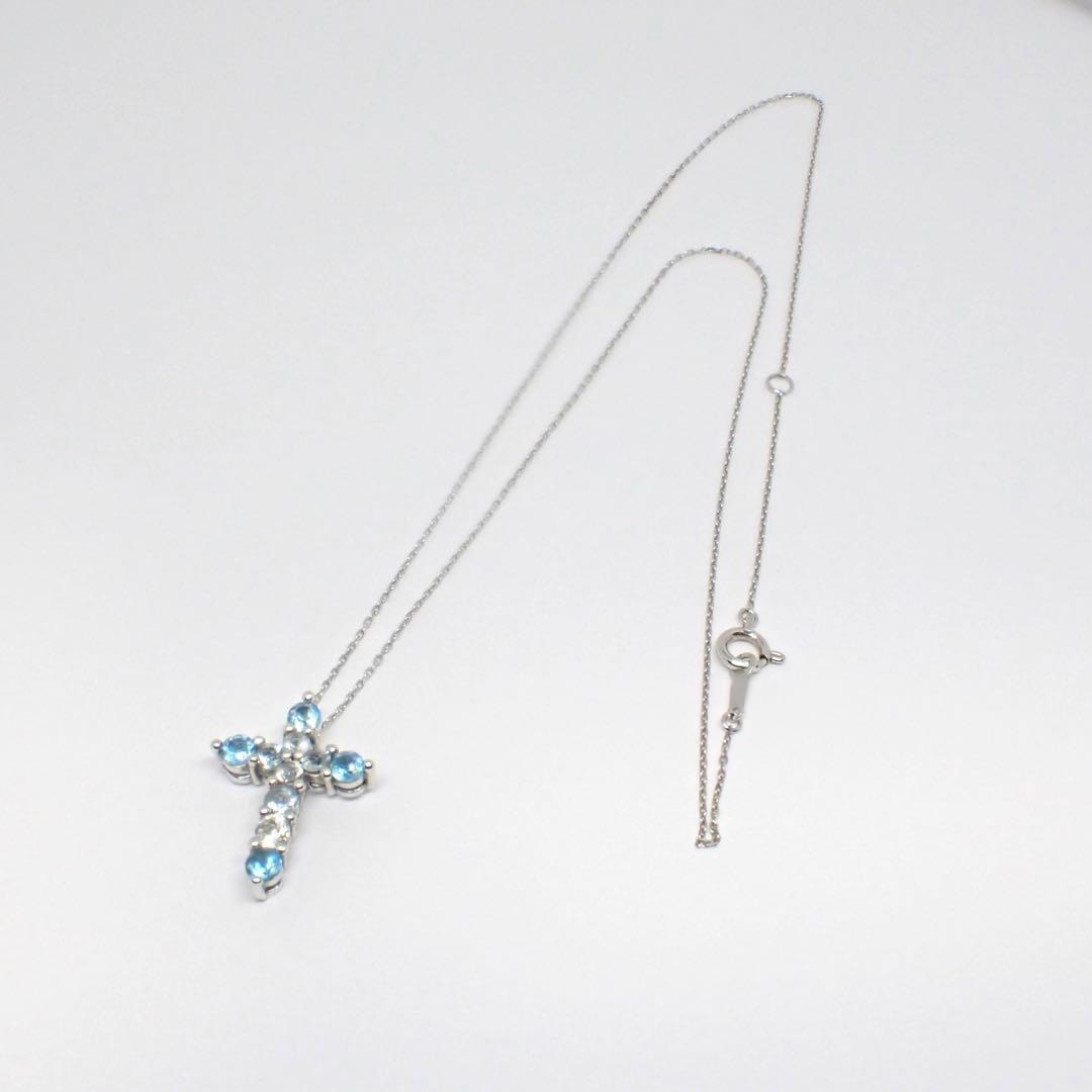 k14WG ブルートパーズ アクアマリン クロス ネックレス ソーティング付き