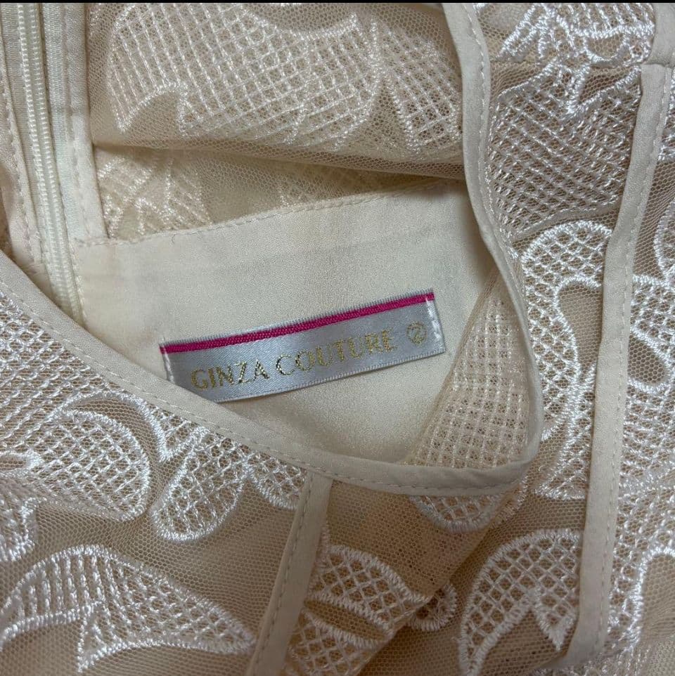 銀座クチュール 総レース Aライン ノースリーブ ミディアムドレス ホワイト