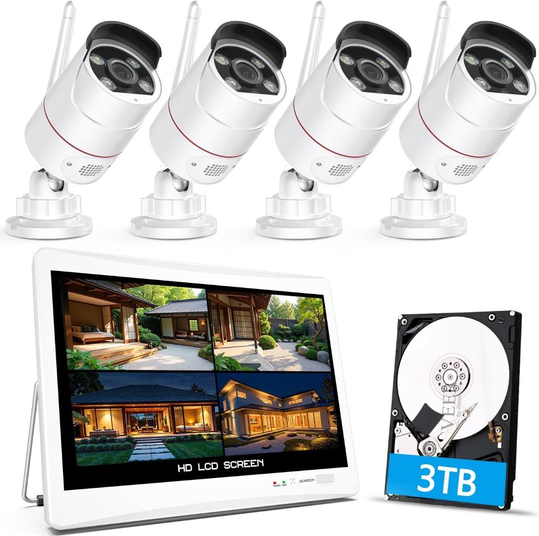 500万 高画素 夜間カラー 金属製　防犯カメラ 屋外 ワイヤレス　3TB