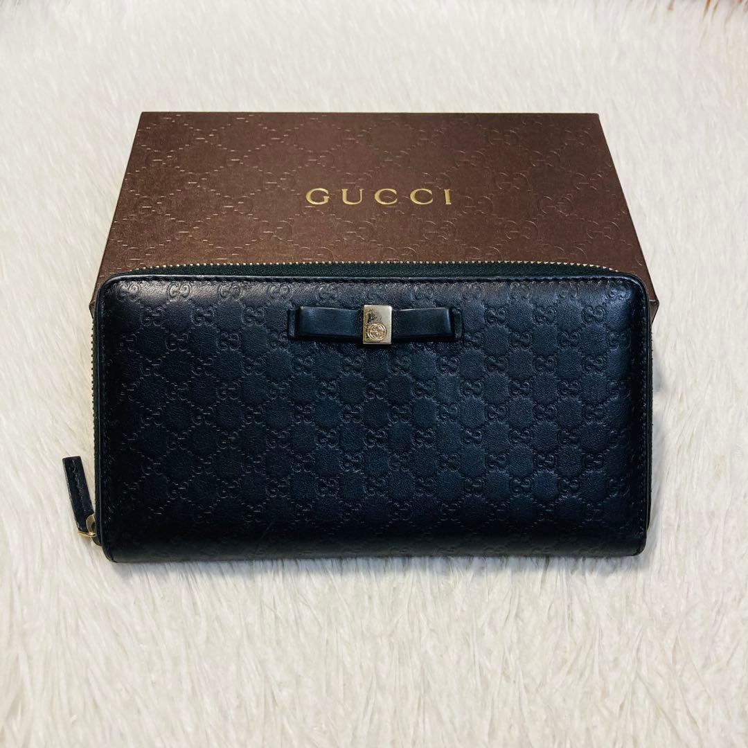 最終価格　美品　GUCCI グッチ　長財布　ラウンド　シマレザー　リボン　黒
