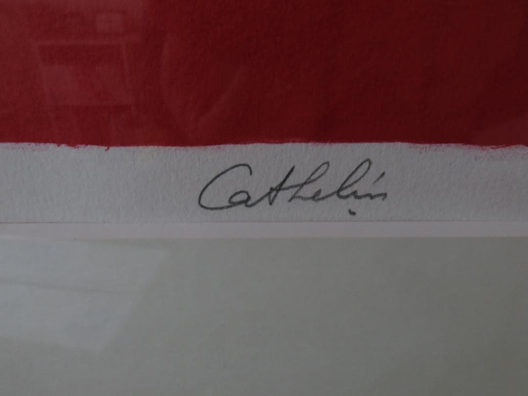 Mamama★カトラン★赤いテーブルの上のシクラメンと柿★リトグラフ★美品