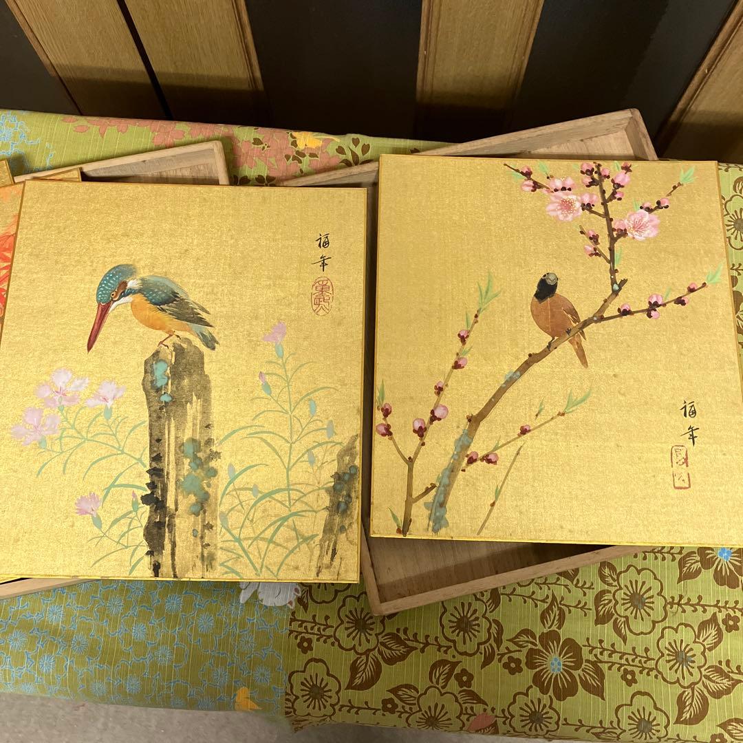 花鳥画色紙四枚　日本画家「小西福年」作