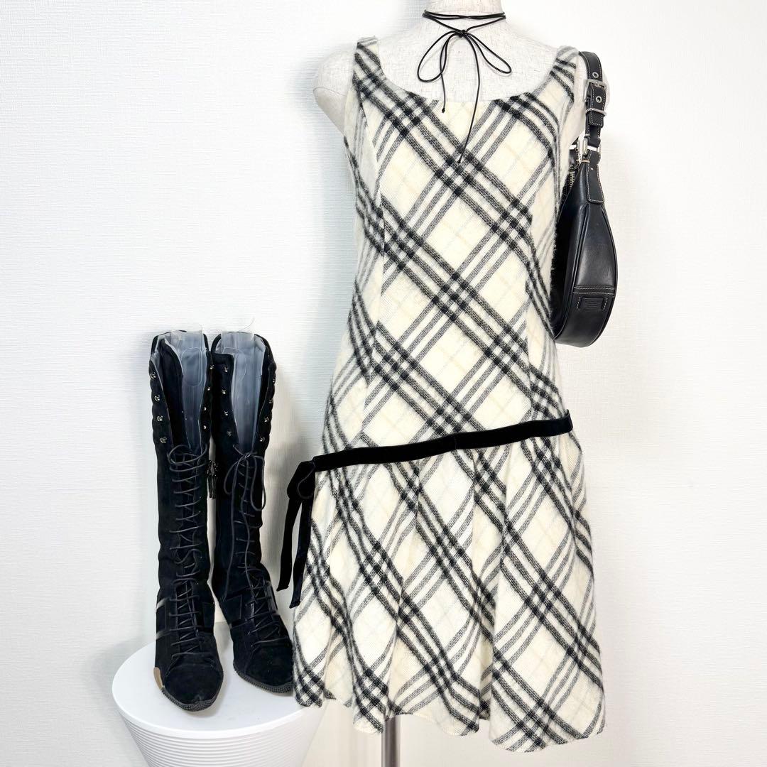 y2k❤️BURBERRY BLUE LABEL チェック柄ベロアリボンワンピース