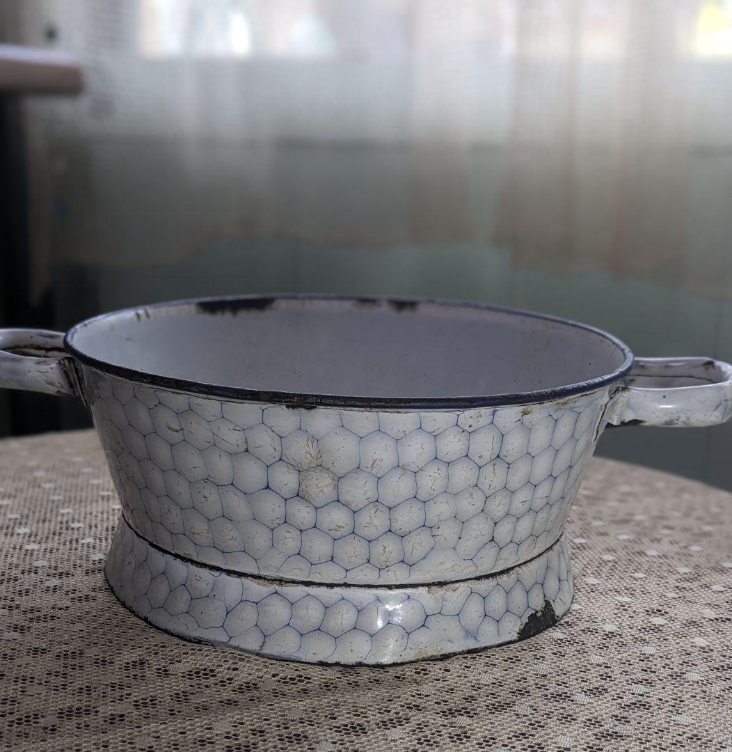 フランスアンティーク ホーローコランダー ハニカム柄 エナメルコート