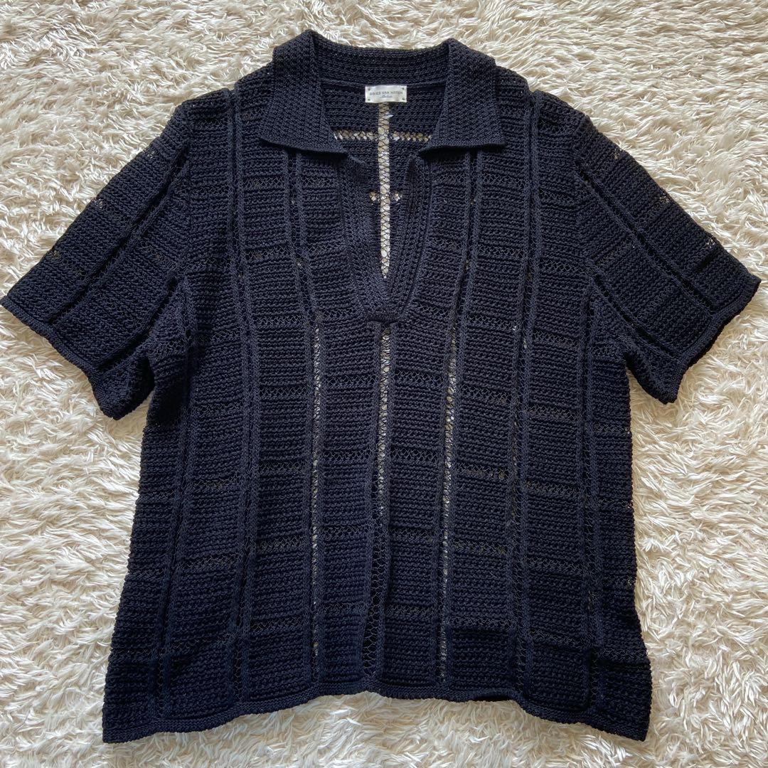美品　ドリスヴァンノッテン　透かし編みニットポロシャツ　ブラック　M位