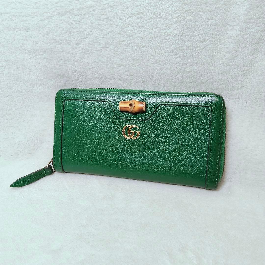 美品 付属付き 希少 グッチ 長財布 GG マーモント バンブー 緑