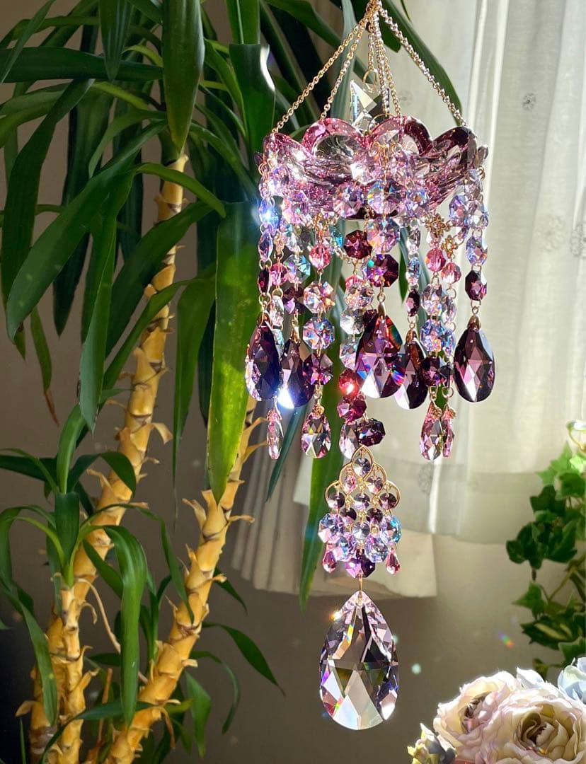 サンキャッチャー スワロフスキー シャンデリア皿110mm アンティークピンク