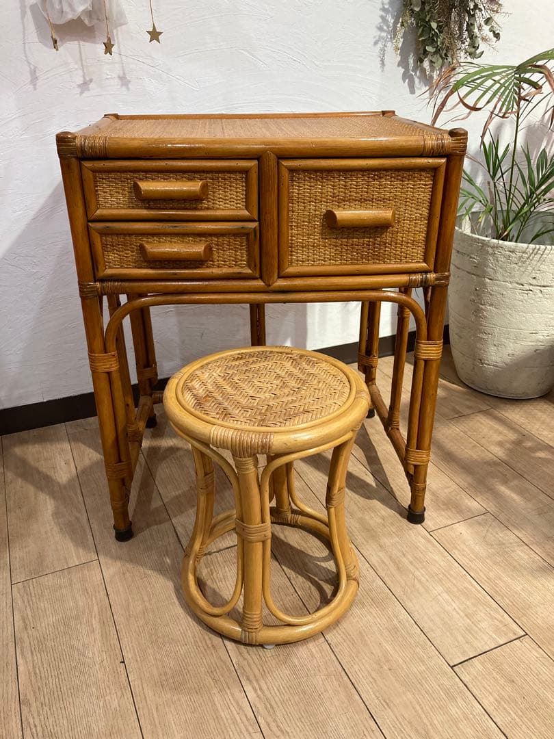 ラタン製　ドレッサー　机　椅子セット　昭和レトロ　ビンテージ