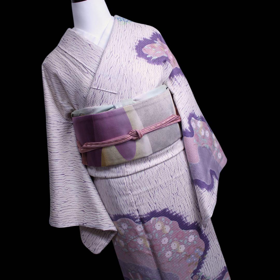 美品　板締め絞り菊模様訪問着/裄65 白　紫　ピンク　d14
