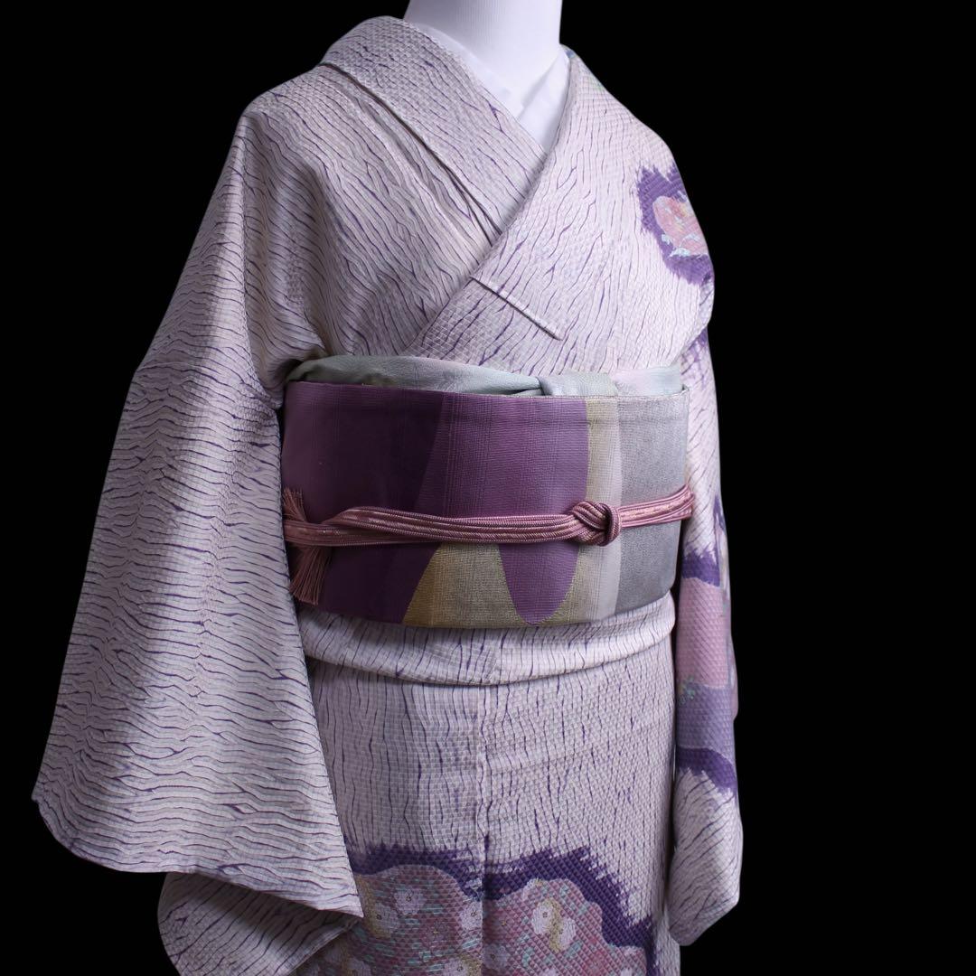 美品　板締め絞り菊模様訪問着/裄65 白　紫　ピンク　d14