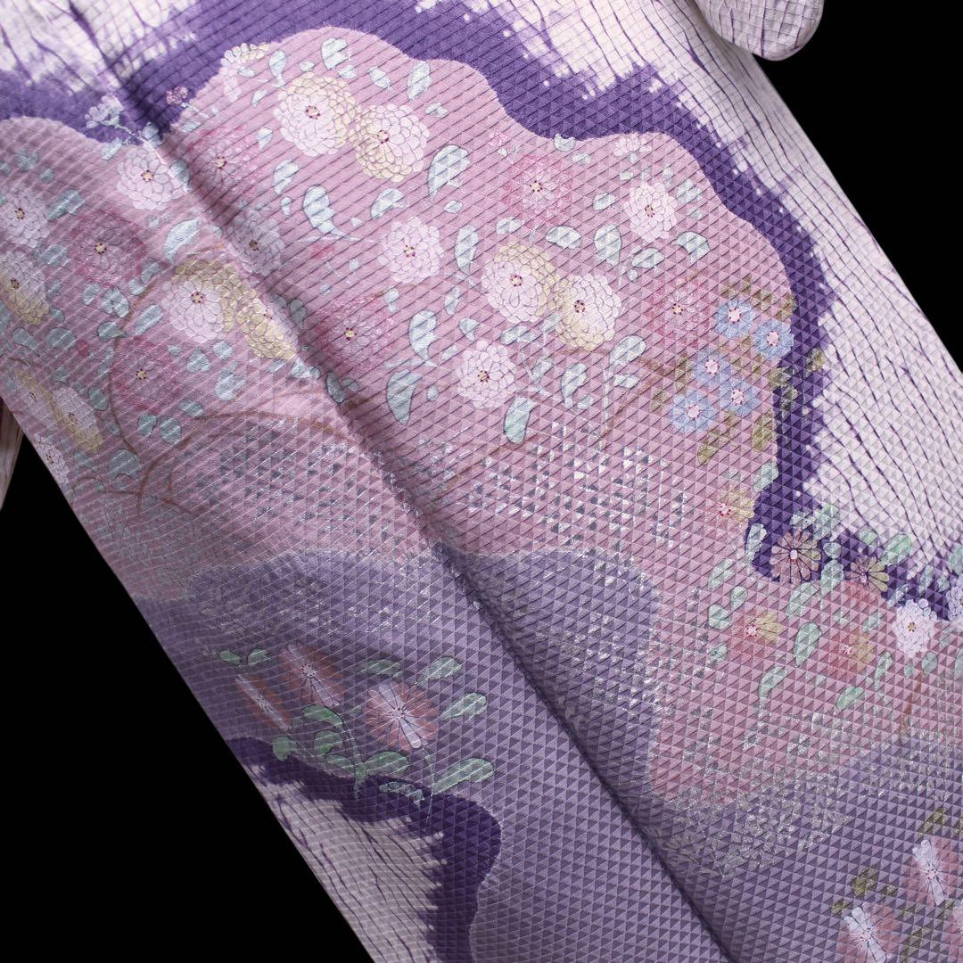 美品　板締め絞り菊模様訪問着/裄65 白　紫　ピンク　d14