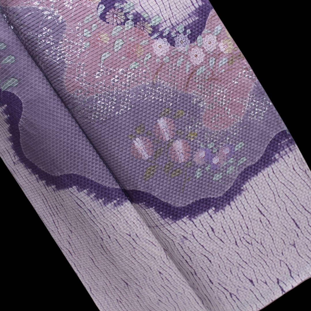 美品　板締め絞り菊模様訪問着/裄65 白　紫　ピンク　d14